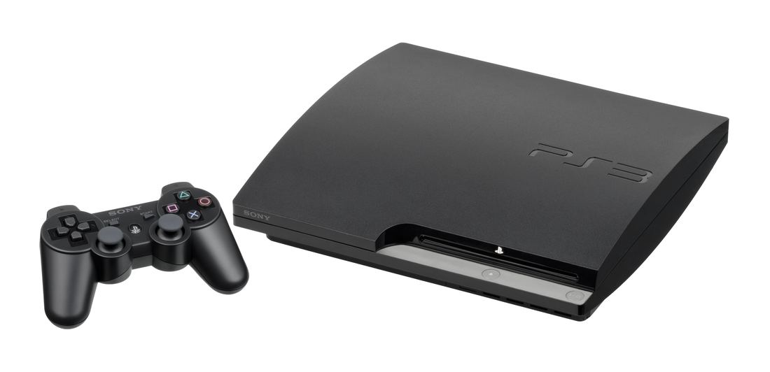 A black slim PlayStation 3 console next to a DualShock 3 controller on a white background