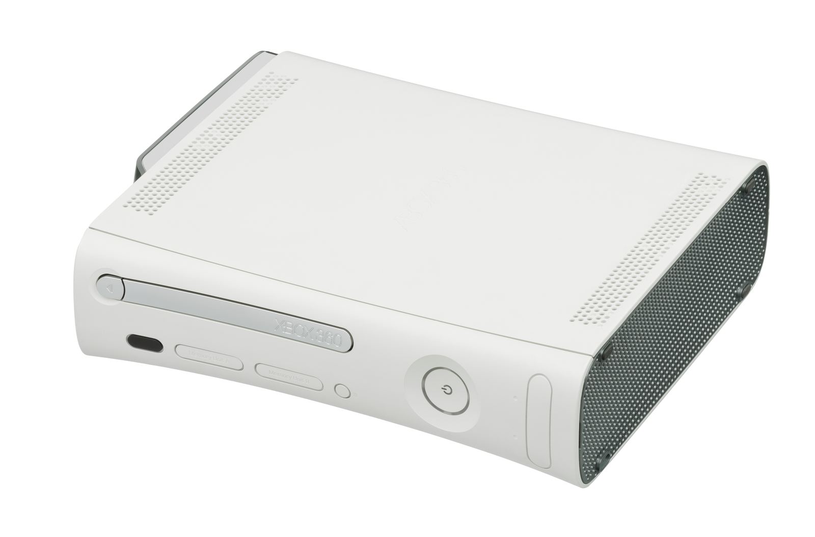 A white launch-model Xbox 360 console with its grey side vents, photographed on a white background
