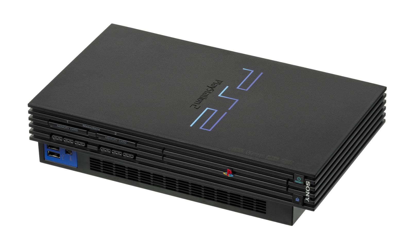 A black PlayStation 2 console lying flat, with the blue PS2 logo on its front, on a white background
